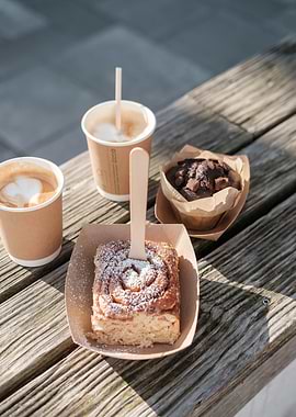 Coffee, Cinnamon Roll, and Muffin