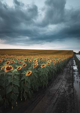 Sunflower Field Under Stormy Sky