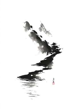Ink Wash Painting of Mountains