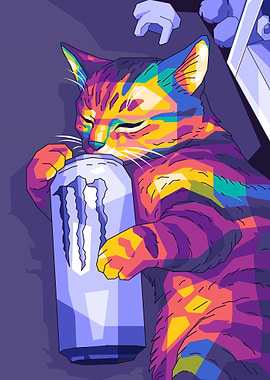 Colorful Cat Hugging Monster Energy Drink