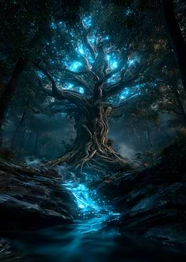 Mystical Glowing Tree and Waterfall