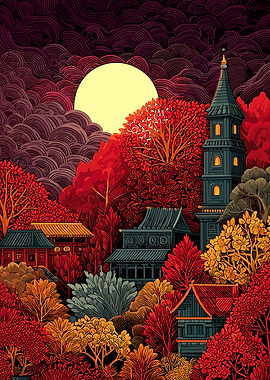 Japanese Landscape with Pagoda and Moon