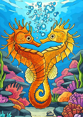 Two Seahorses Ocean Cartoon