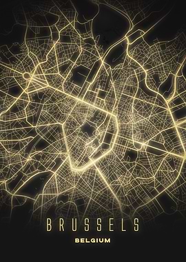 Brussels, Belgium - Night Glow City Map