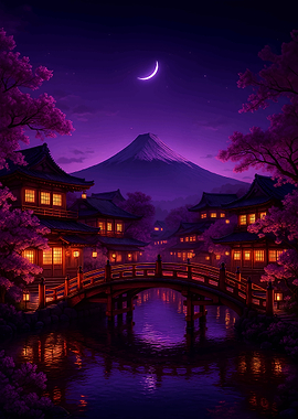 Nighttime Japanese Village with Mount Fuji