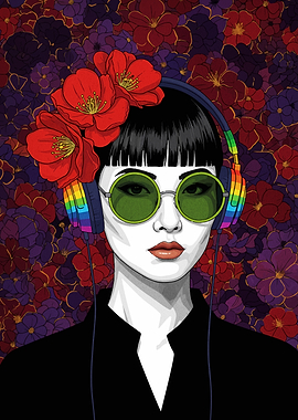 Woman with Flowers and Rainbow Headphones