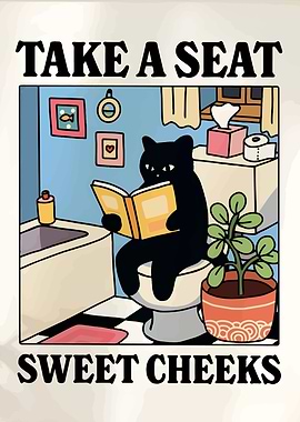 Cat Reading on Toilet Art