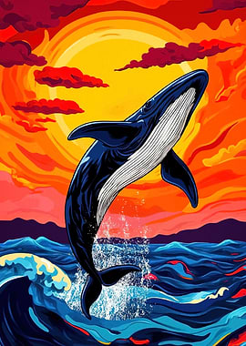 Whale breaching sunset