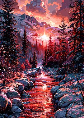 Mountain Stream at Sunset