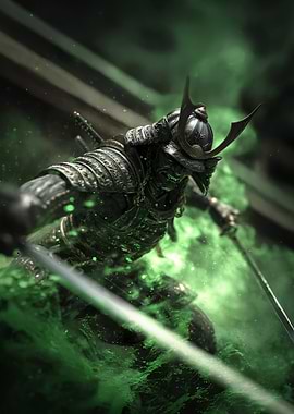 Samurai Warrior in Green Mist