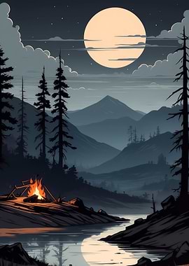 Night Campfire by River Landscape