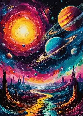 Colorful Cosmic Landscape with Planets