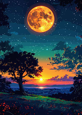 Night Landscape with Moon and Sunset