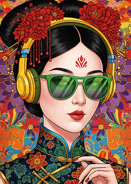 Asian Woman with Headphones and Sunglasses