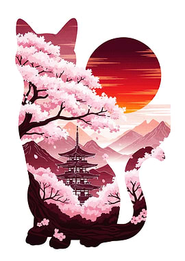 Cat Silhouette with Japanese Landscape