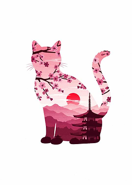 Cat silhouette with Japanese landscape