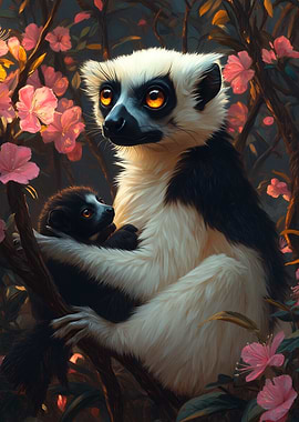 Lemur Mother and Baby in Bloom