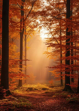 Autumn Forest Path with Fog