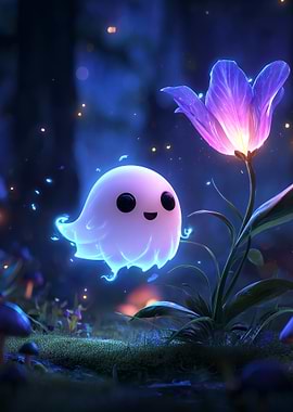 Cute Ghost and Flower in Forest