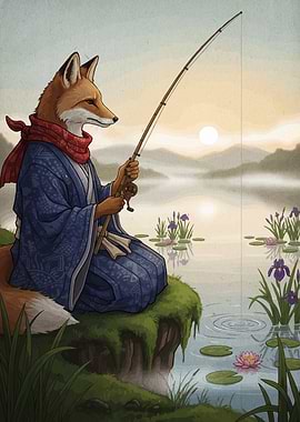 Fox Fisherman in Kimono by Lake