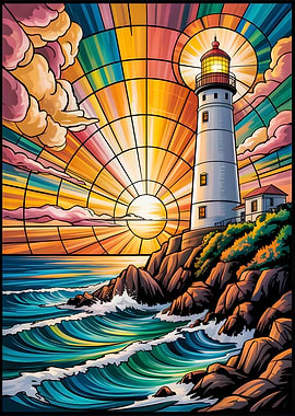 Stained Glass Meditation Serenity by a Glowing Lighthouse at Sunset