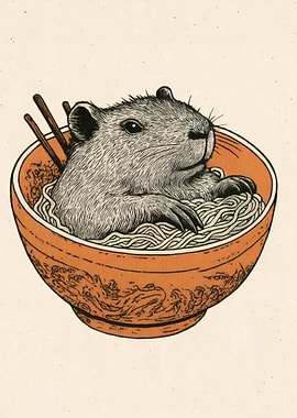 Capybara in Ramen Bowl Illustration