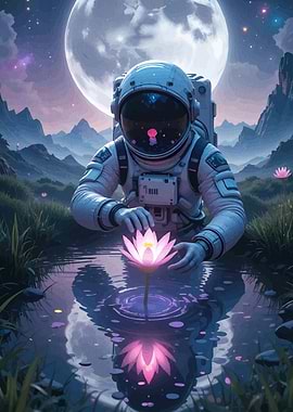 Astronaut Lotus Flower by Pond