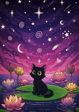 Black Cat on Lily Pad at Night