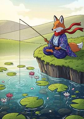 Fox fishing in a pond