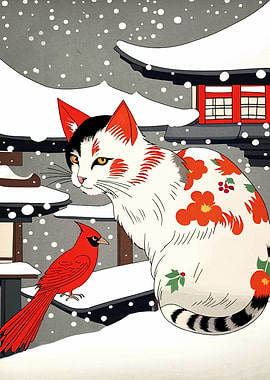 Cat and Cardinal in Snowy Landscape