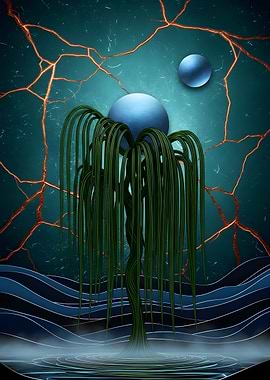 Abstract Willow Tree with Blue Orbs