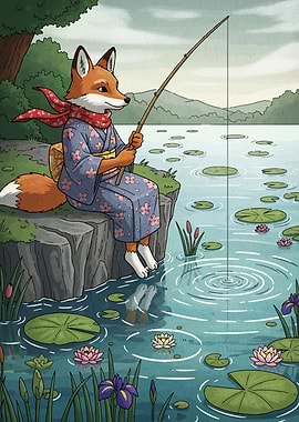 Fox fishing in a pond