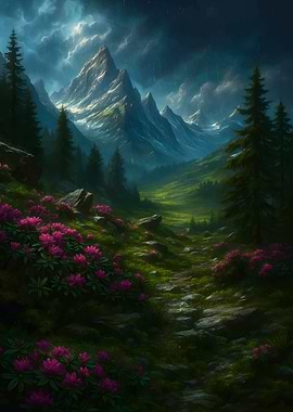 Mountain Landscape with Flowers and Path