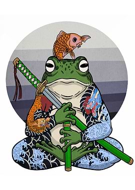 Tattooed Frog with Katana and Fish
