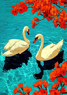 Swans in Water with Orange Flowers