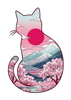 Japanese Cat Landscape Silhouette Art