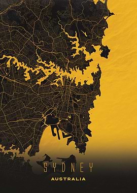 Sydney, Australia - Gold and Black City Map Print