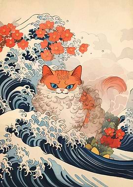 Ukiyo-e Cat in Great Wave
