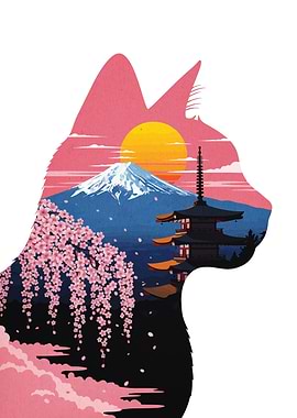 Cat Silhouette with Japanese Landscape