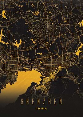 Shenzhen, China - Modern Black & Gold City Map Poster