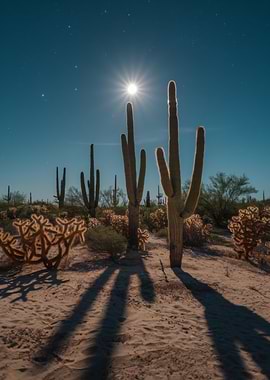 Desert Night with Cacti and Moonlight