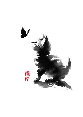 Kitten and Butterfly Ink Painting