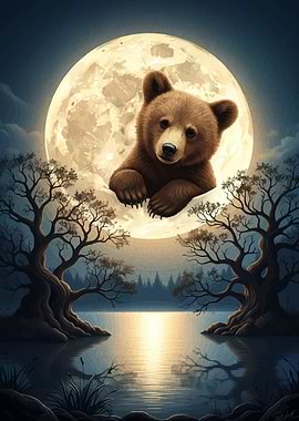 Bear cub and the moon