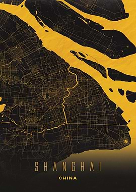 Shanghai, China - Urban Golden City Map Poster