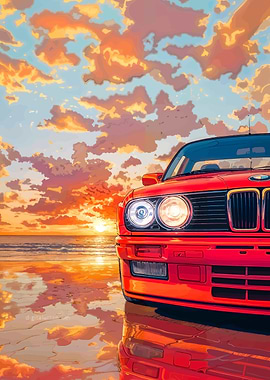 Red BMW E30 on Beach at Sunset