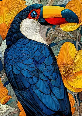 Colorful Toucan Portrait with Floral Background