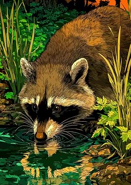 Raccoon Drinking Water Illustration