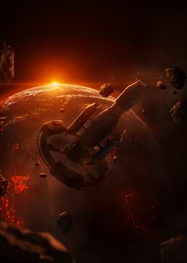 Space Station Orbiting a Fiery Planet