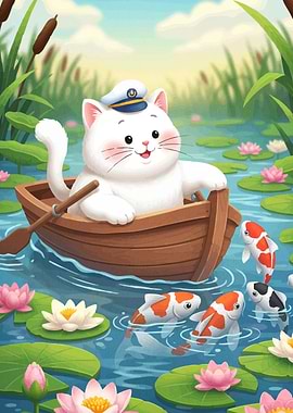 Cartoon Cat Boat Koi