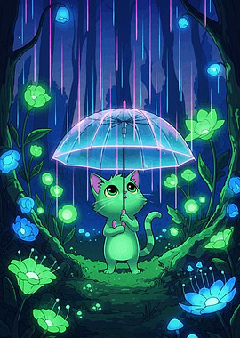 Green Cat Under Umbrella in Forest